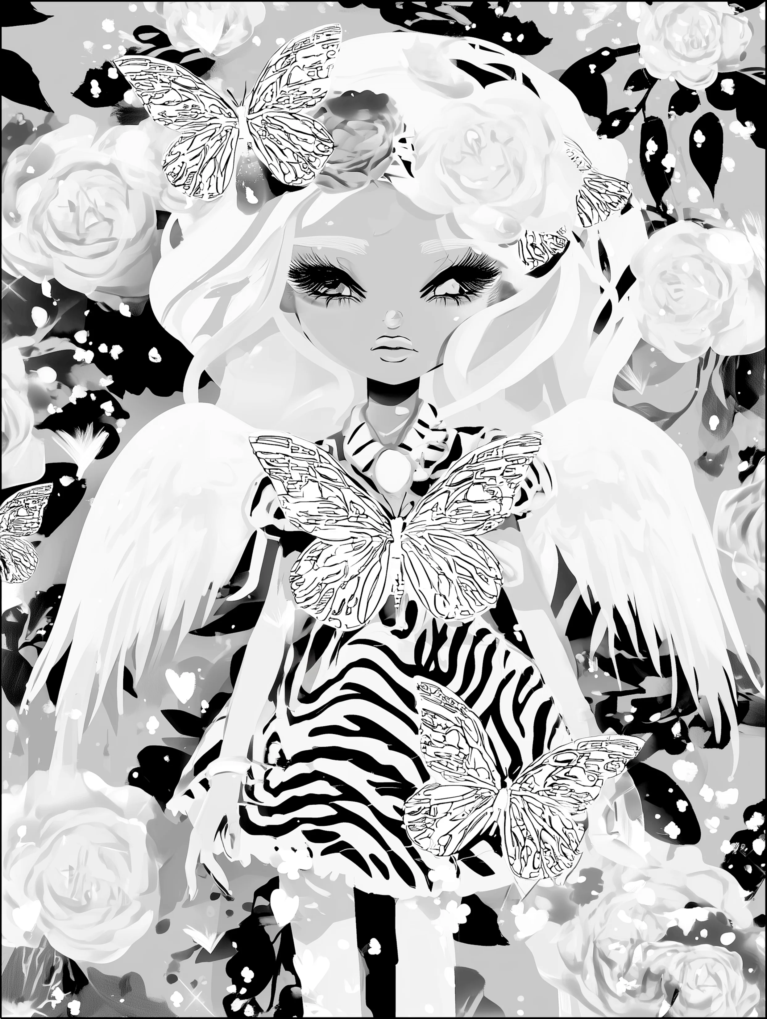 Free printable angel coloring page for adults featuring big buttefly broach angel